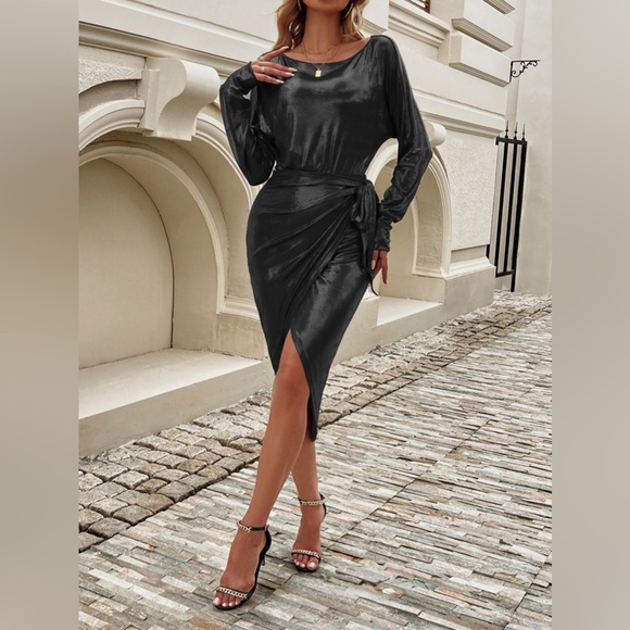 Tied Boat Neck Long Sleeve Dress gold - Picture 8 of 12